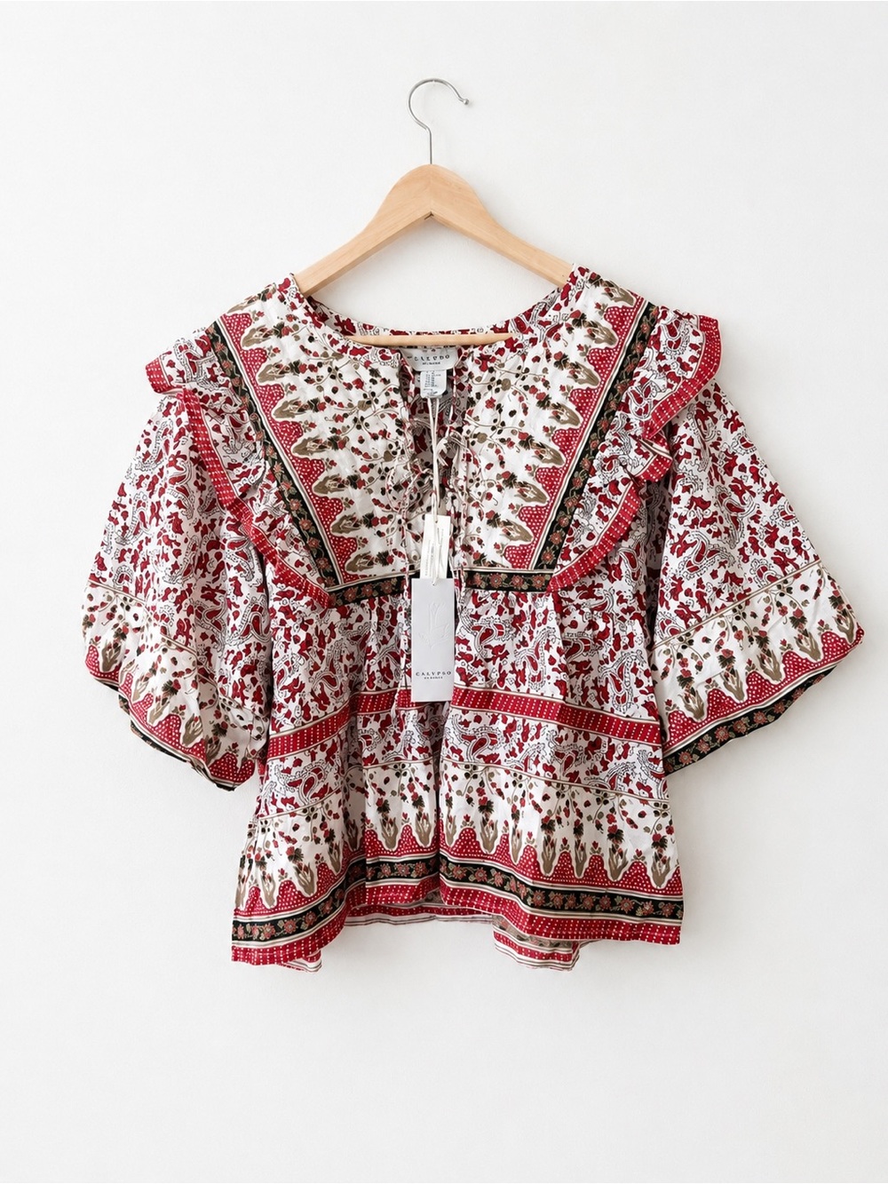 NWT Calypso St. Barth Floral Paisley Ruffle Cotton Blouse Size XL